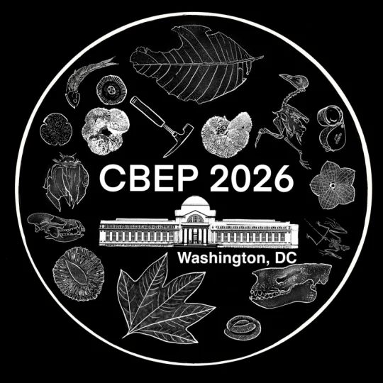 CBEP 2026, Washington, DC logo. White line drawings of the National Museum of Natural History and various fossils